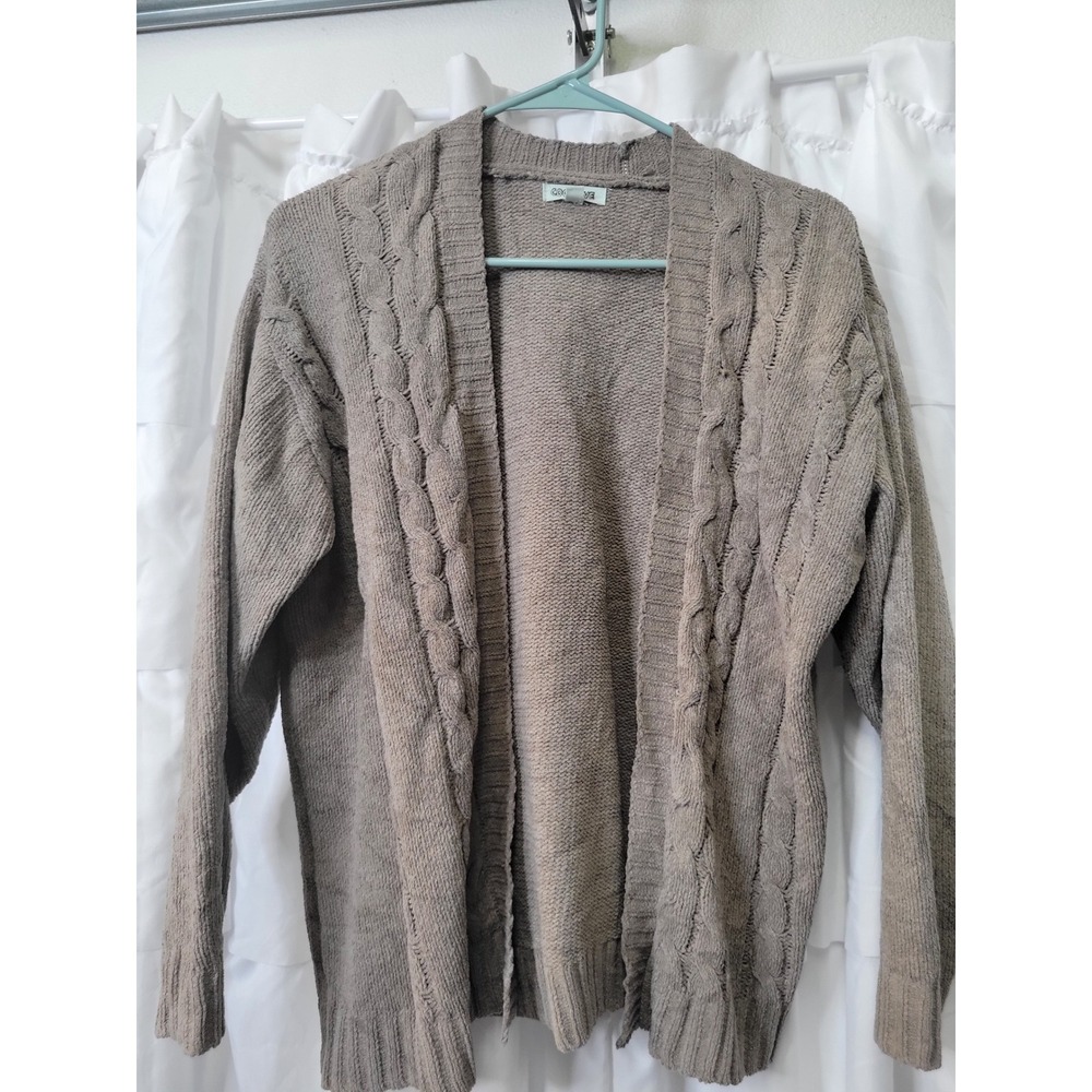 Cocovive Chenille Cardigan  Womens Small Taupe Brown Cable Knit Open Front 1500
